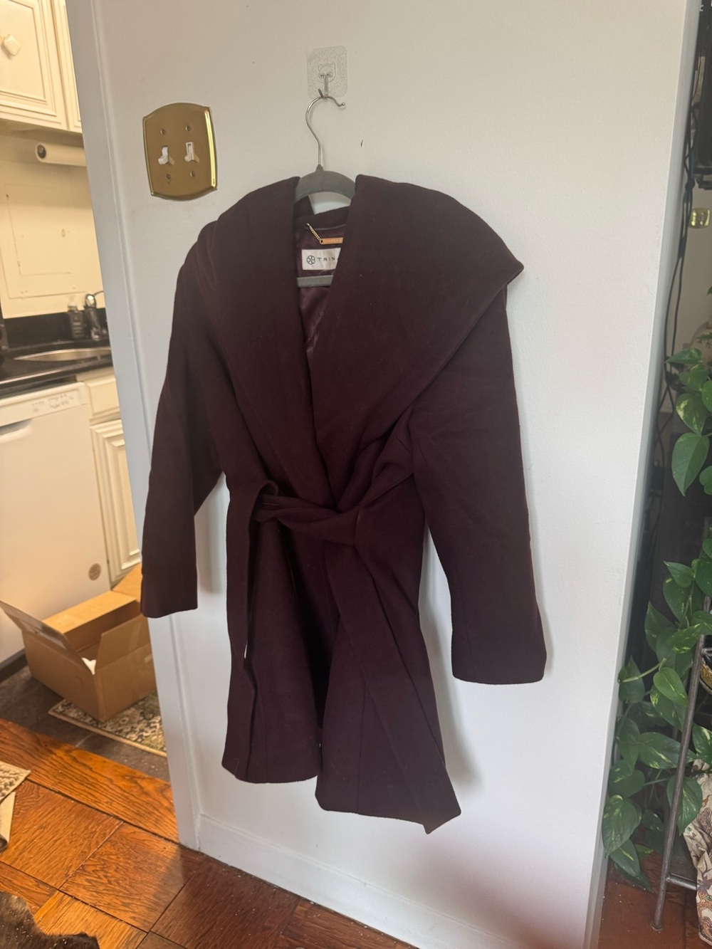 Trina Turk Burgundy Wrap Trench Coat with Self-Tie Belt
